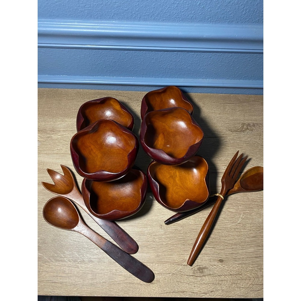 10pcs VTG 60s MCM Tiki Hawaiian Serving Bowl Set Wood Flower‎ Shape Utensils